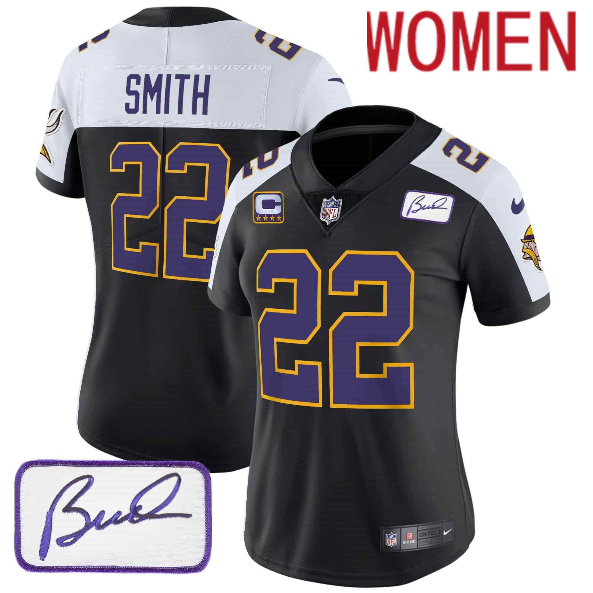 Women Minnesota Vikings 22 Smith Black 2024 Nike Bud Grant Patch Classic Limited NFL Jersey style 1